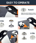 Heavy Duty Straight Up Quality Snap Fastener Tool Kit With 220 Assorted Four Color Buttons For No Sweat Sewing Fixes And Dope Custom Jacket Alterations Daily, showing punch tool and snap dies.
