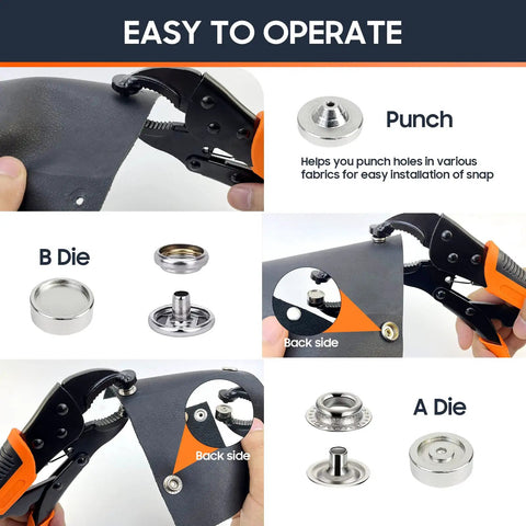 Heavy Duty Straight Up Quality Snap Fastener Tool Kit With 220 Assorted Four Color Buttons For No Sweat Sewing Fixes And Dope Custom Jacket Alterations Daily, showing punch tool and snap dies.