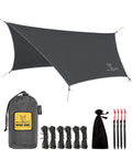 Waterproof Hammock Rain Fly Tarp with stakes, carry bag, ropes; ultralight camping shelter ripstop nylon for outdoor shade and protection.
