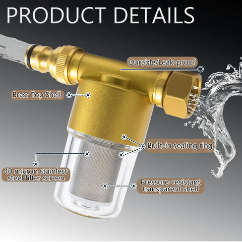 Top Notch 40 Micron Brass Inline Sediment Filter Keeps Your Water Flowing Smooth With Universal Fit For Washing Machine Shower And Garden Hose Featuring Reusable Anti Clogging Screen And Rust Resistant Body with stainless steel filter and transparent shell.