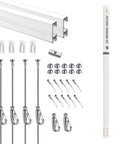 Click Rail Picture Hanging System Kit with two 59 inch white rails, four steel cables, six hooks, and installation hardware.