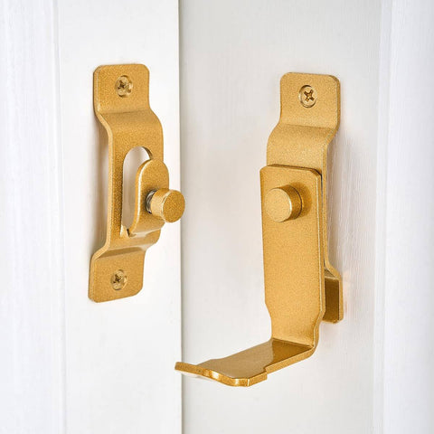 2 Pack 90 Degree Gold Flip Barn Door Lock With Easy Install Privacy Security Latch for Barn Doors and Sliding Doors shown on door