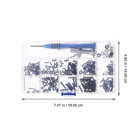 Zero Drama Rc Car Screw Repair Kit With Super Tough Storage Case Rust Proof Mini Fasteners organized in clear container with blue tool.
