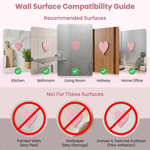 Image showing wall surface compatibility guide for Super Sweet Pink Heart Wall Hooks 10 Pack Adhesive Hangars for heavy items.