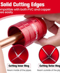 Red ROGVOC deburring tool for PVC/copper/aluminum pipes; inner and outer cutting rings with 4 cutting edges