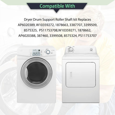 Dryer Drum Support Roller Shaft kit replacements for Whirlpool Kenmore Sears models, compatible with various appliance serials.