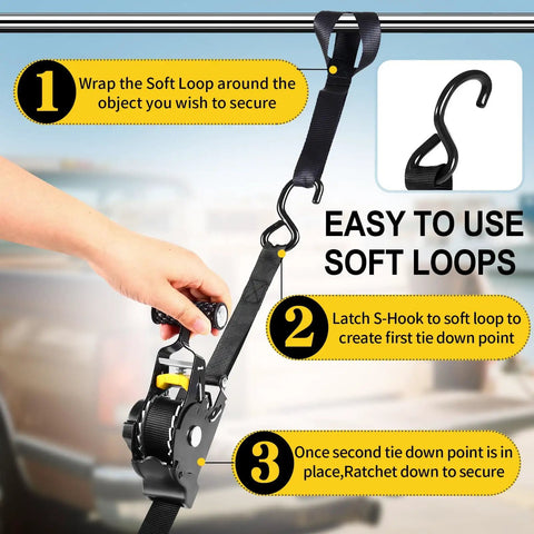 Step-by-step use of Heavy Duty 1 Inch By 10 Foot Retractable Ratchet Straps Set With Soft Loop Handles For Motorcycle Truck And Trailer