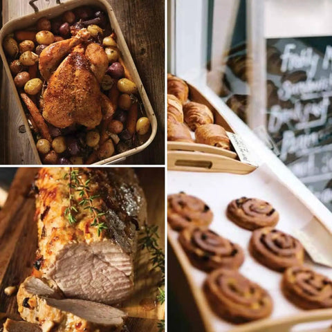 Heavy Duty Double Stack Countertop Electric Convection Oven With Manual Temperature Dial And Mobile Casters Built Tough For High Volume Cooking No Sweat For Busy Kitchen Pros 208 Volt with roasted chicken and pastries.