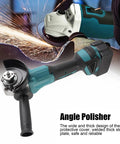 Pro Level Brushless Angle Polisher With Comfort Grip Handle And Quick Charge Battery For Spotless Metal And Wood Refinishing, showcasing a protective cover and robust design.