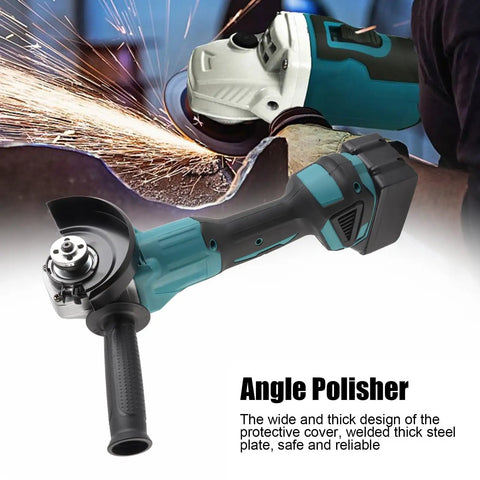 Pro Level Brushless Angle Polisher With Comfort Grip Handle And Quick Charge Battery For Spotless Metal And Wood Refinishing, showcasing a protective cover and robust design.