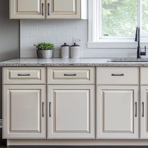 30 Pack 5 Inch Hole Center Kitchen Cabinet Handles Curved Black Zinc Alloy Drawer Pulls installed on white cabinets
