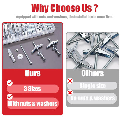 Heavy Duty Drywall Toggle Bolts Kit With 100 Pieces Hollow Wall Anchors And Screws In Three Sizes 1/8 Inch 3/16 Inch And 1/4 Inch Including Wing Nuts And Washers For Secure Mounting Of Shelves Cabinets And Fixtures, comparison showing kit with multiple sizes and washers.