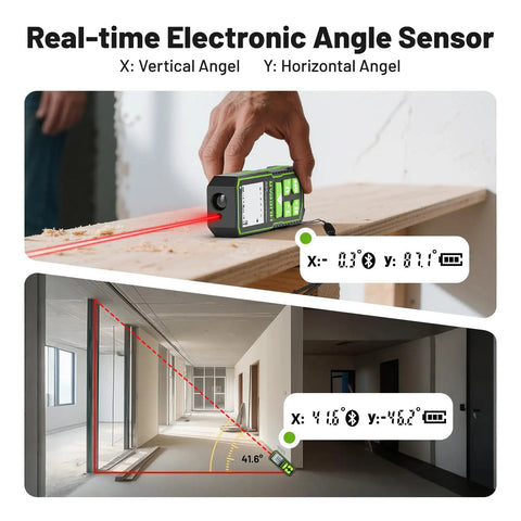 Straight Up Legit Bluetooth Laser Distance Meter With Angle Sensor measuring angles and distances in a room renovation project.