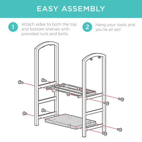Diagram of assembling Five Piece Wrought Iron Firewood Storage Rack With All In One Tool Set For Indoor Outdoor Use Ready To Roll.