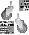Heavy Duty Three Inch Swivel Caster Replacement Wheels Made From Tough TPR Rubber On A 7/16 Inch Grip Stem, showing two casters.