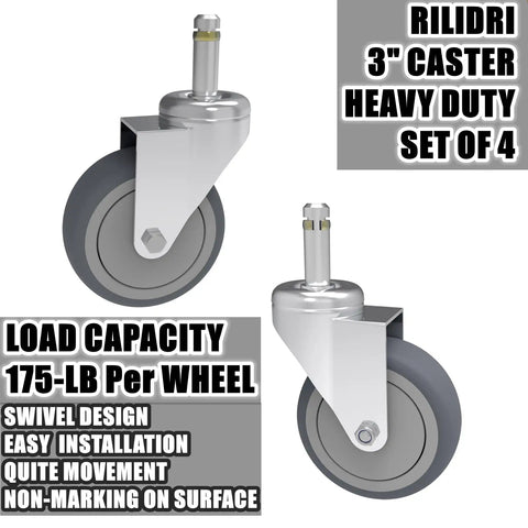 Heavy Duty Three Inch Swivel Caster Replacement Wheels Made From Tough TPR Rubber On A 7/16 Inch Grip Stem, showing two casters.