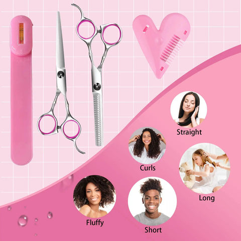 Game Changing DIY Haircutting Kit For Home Use Including Ultra Slick Hair Scissors Split Ends Trimmer And Precision Bangs Clips on pink background with tools and hair types.