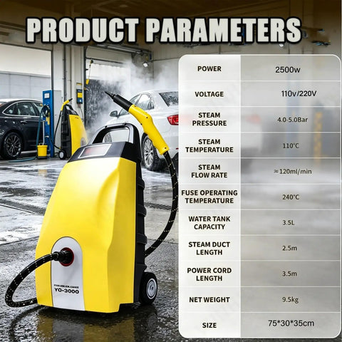 Professional Industrial Grade Steam Cleaner 3000W With 3.5L Large Tank in a garage setting, showing detailed product parameters.