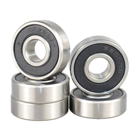 S608 2RS Precision Ball Bearings Stainless Steel ABEC 5 Rated dual rubber sealed set of four for high RPM use.