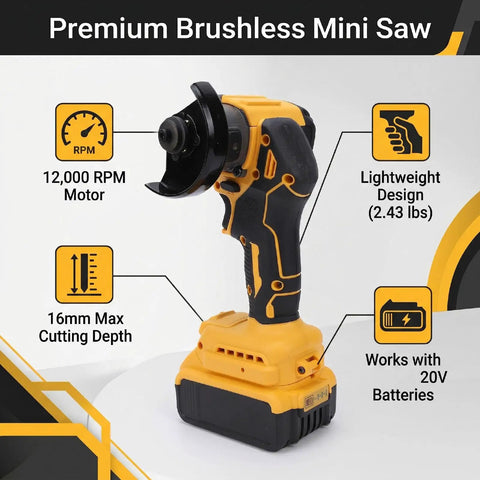 Grab This Badass Brushless Mini Circular Saw That Seamlessly Morphs Into An Angle Grinder For Effortless Cutting And Grinding Across Wood Metal Tile And Plastic Surfaces features a compact design and 12000 RPM motor.