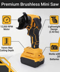 Badass Precise Brushless Mini Circular Saw Sweet Cordless Angle Grinder Hybrid with 12,000 RPM motor and 16mm cutting depth.
