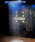 Top Notch LED Ceiling Shower Panel With Built In Bluetooth Speaker And Six Spray Functions Including Rainfall Waterfall And Body Mist For A Chill Spa Upgrade In Antique Brass with water streaming down.