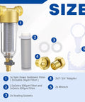 3/4 Inch Spin Down Sediment Filter With 50 100 And 200 Reusable Mesh Cores And Two Adapters parts layout including filters and adapters