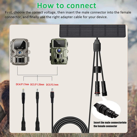 Diagram showing how to connect the 10W Solar Panel For Trail Cam With Built In 10400 Mah Battery Pack with voltage adapters.