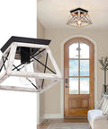 Farmhouse White Square Ceiling Light Fixture Semi Flush Mount With Rustic Iron Frame And Faux Wood Grain Finish in entryway.
