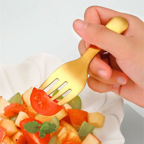 Two Piece Colorful Compact Fork And Spoon Set For Travel Camping And Picnics, Durable Stainless Steel Cutlery With Easy Grip in use.