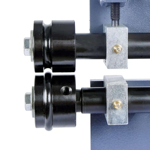 Close-up of RM-18 Deep Throat Sheet Metal Bead Roller with 18-inch throat, showcasing die set connection for manual metal forming.