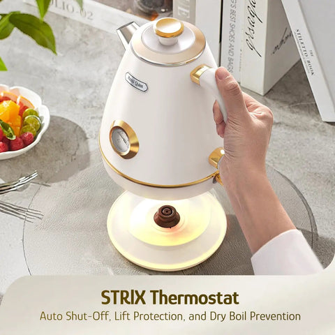 Hand holding pearl white Retro Electric Kettle With Thermometer 1.7 Liter All Stainless Steel 1200 Watt Fast Boil Cordless BPA Free on kitchen counter