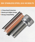 M3 X 6mm Socket Head Cap Screws, 304 Stainless Steel Fasteners, 200 Pack For Grease Monkey Bike Mods, Pc Builds And Shop Grade Diy Projects With Lock Tight Hex Grip close-up of stainless steel bolt and compatibility features.