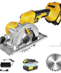 Top Notch Five Inch 21V Cordless Circular Saw Knocking Out Hardwood Tasks With No Sweat Depth Adjustment And Swift Bevel Angles For Crisp Woodwork Rapid Framing - Side View With Battery and Accessories
