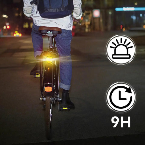 Rock Solid Amber Led Strobe Beacon With Usb Rechargeable Power And Heavy Duty Magnetic Mount For Cars Trucks And Emergency Vehicles Offering Twin Rotation And Flash Settings So You Can Lock In Highway Visibility And Stay Secure When Breakdowns Pop Up mounted on a bicycle for safety at night.