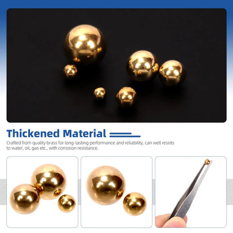 Built Tough Solid Brass Bearing Balls Assortment 160 Piece 1mm To 12mm showing various brass spheres held with tweezers for precision use.