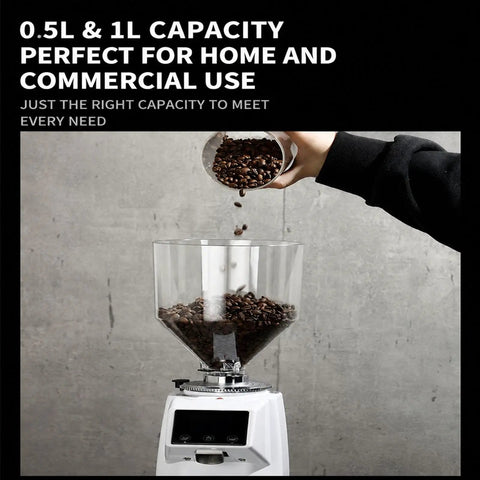 Pro Commercial Coffee Grinder Featuring Flat Burr Design With Built In Auto Tamper For Hella Even Grinds, 0.5L and 1L capacity.