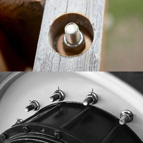 Knockout Quality 304 Stainless Steel Hex Flange Lock Nuts 3/8-16 Thread Non Slip Serrated Base on wood and wheel.