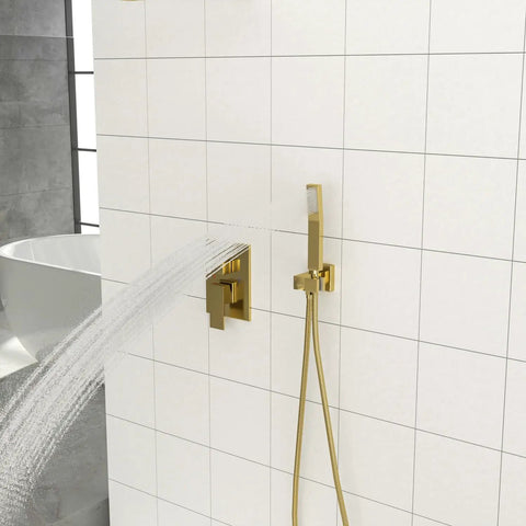 Wall Mounted Square Shower System with Rough-in Valve, gold finish, stainless steel, with handheld shower, water flow in bathroom.