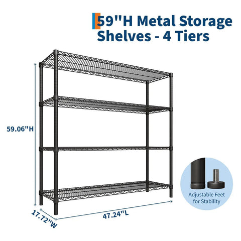 Rock Solid 4 Tier Metal Storage Shelves Heavy Duty Industrial Grade Garage Organization Rack 59"H with adjustable feet for stability.