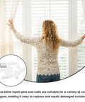 Plantation Shutter Repair Kit with 0.6 Inch Replacement Pins for Blinds shows woman adjusting curtains with repair kit nearby.