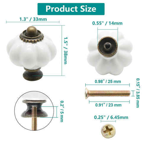 Top Shelf Vintage White Ceramic Pumpkin Cabinet Knobs 1.5" size with metal screw for quick install on drawers and dressers.