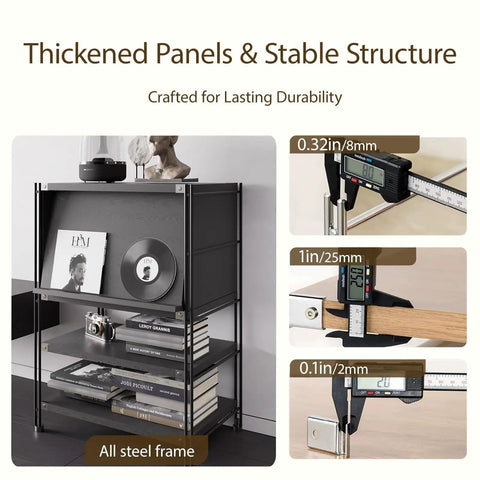 Rock Solid 3 Tier Wooden And Metal Bookcase With Flip Up Doors And Heavy Duty Industrial Storage Rack Standing Shelf Unit In Black showcasing thickened panels and measurements.