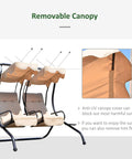 Double Seat Outdoor Patio Swing With Removable Canopy And Cup Holders, Perfect For Porch Or Garden And Poolside Hangouts, Sturdy Backyard Relaxer In Beige