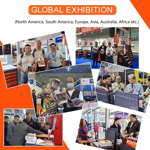 Global exhibition showcasing Rock Solid CNC Tool Holder Vertical Drawer Cabinet Heavy Duty Steel Storage Workstation with visitors.