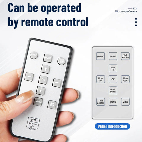 Hand holding remote for 4K Compact Microscope Camera With 8X Magnification, CS Lens Mount, HD Video Output, And Button Or Remote Control.