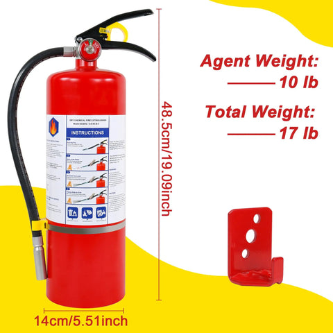 Heavy Hitter 10 Lb ABC Dry Chemical Fire Extinguisher With Wall Mount displaying red cylinder, instruction label, and mounting bracket.