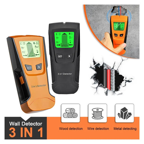 Built Tough 3 In 1 Wall Scanner And Stud Finder Including Metal Detector And Live Wire Voltage Alert For Fast Positioning Of Hidden Joists And Smooth Weekend Project Fixes In Orange display with buttons and screen on black background