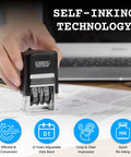Pro Level Self Inking Date Stamp With Built In Black Ink Reservoir And Quick Twirl 12 Year Calendar Knob in use on paperwork.