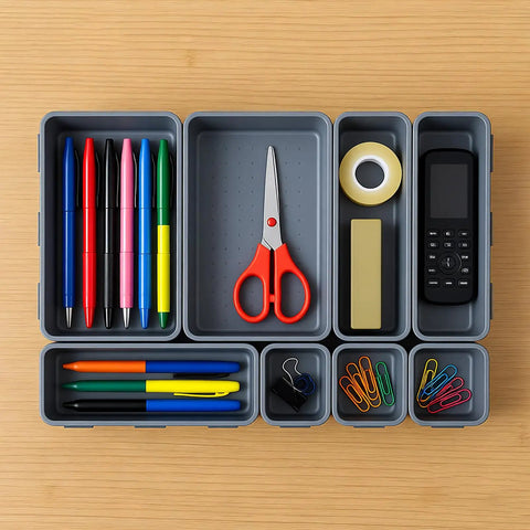 8 Piece Interlocking Drawer Organizer Trays Set In Light Gray Plastic, Modular Storage Bins filled with pens, scissors, and office supplies